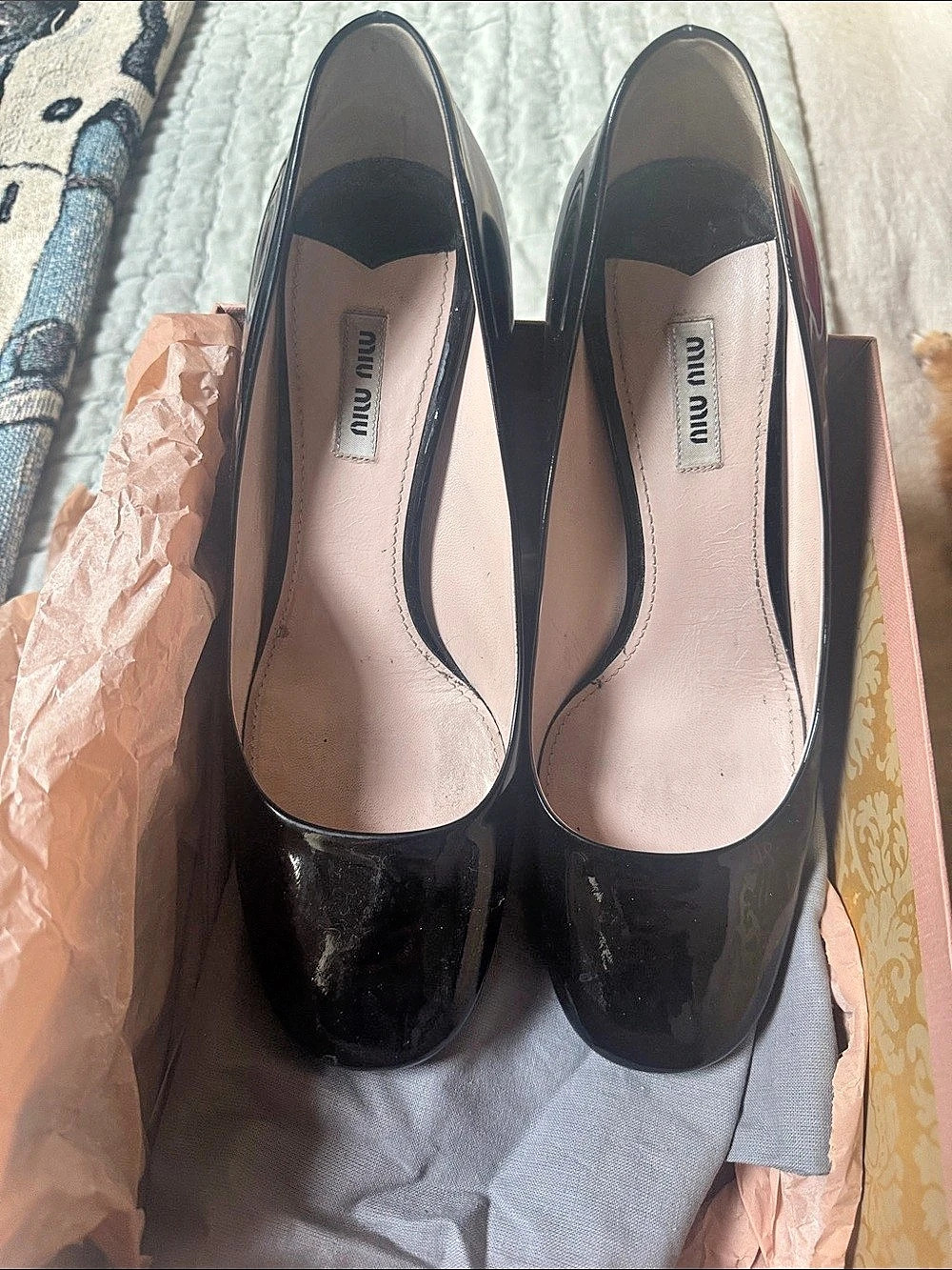 Miu Miu Crystal Embellished Block Heel Patent Pumps Black EU 41